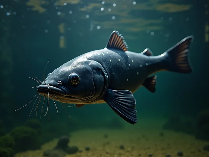 African catfish with white spots on skin and fins, showing Ich symptoms, in a commercial farming tank filled with clear water