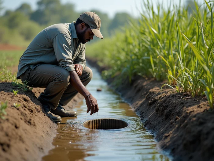 Worker inspecting and cleaning a drainage pipe outlet in a commercial catfish farm, ensuring proper water flow and preventing erosion
