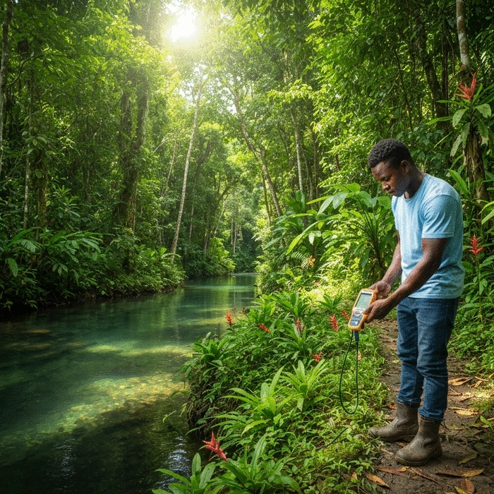 African farmer checking water quality parameters with a digital meter at a concrete fish farm