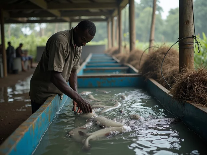 African catfish farmer inspecting fish for breeding challenges in a commercial hatchery