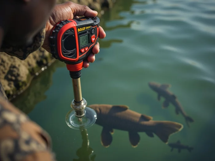 Professional water quality testing in a commercial catfish pond