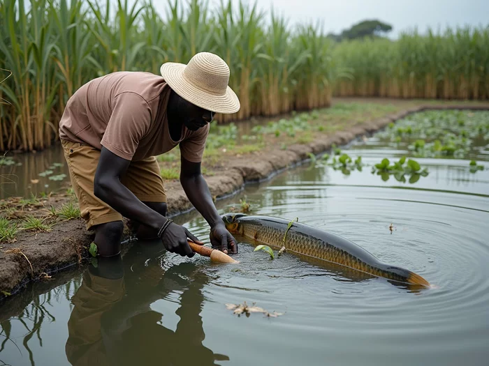 African farmer cleaning a monk structure screen in a commercial catfish pond