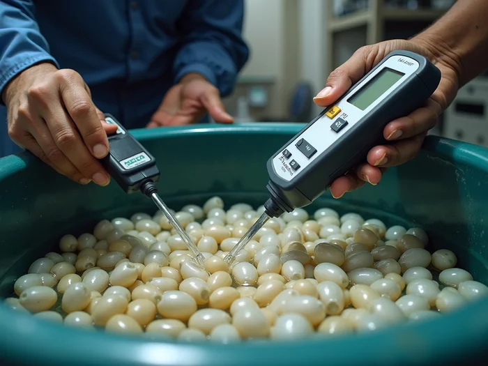 Professional catfish farmer testing water quality parameters (pH, DO) in a commercial hatchery tank with African catfish eggs, using handheld digital meters, clear water, professional aquaculture environment, African farming context, no text, no words, no typography, no labels, clean image