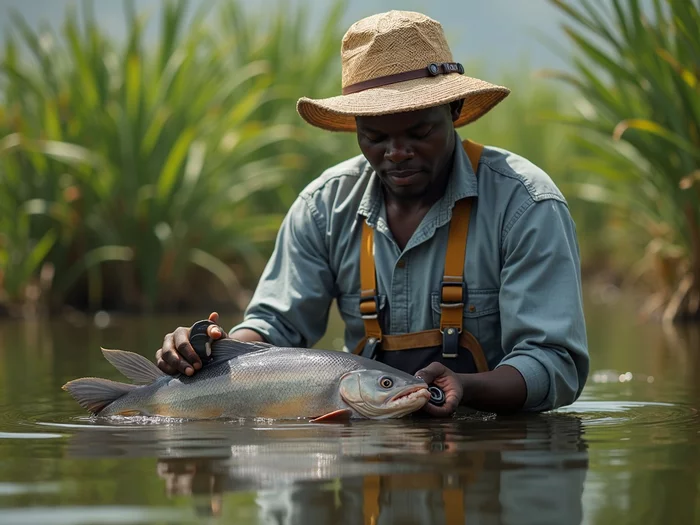 Farmer monitoring water quality in a commercial African catfish pond
