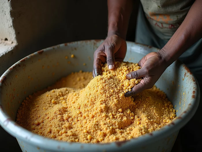 African farmer mixing ingredients for homemade catfish feed