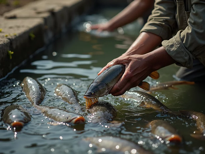 Farmer feeding African catfish in a commercial pond, fish surfacing to feed