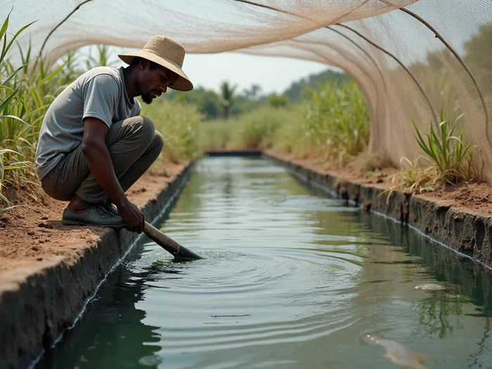 African farmer inspecting catfish pond for bird predation, with netting overhead