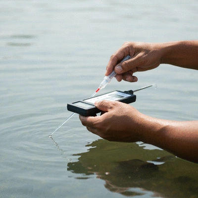 Aquaculture farmer checking water quality parameters in a catfish pond