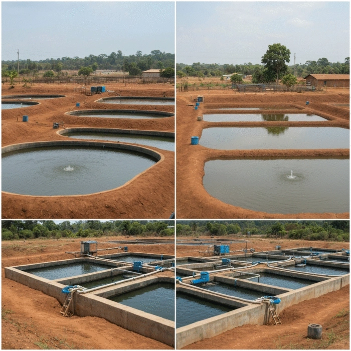 Aerial view of an organized commercial African fish farm with both earthen ponds and concrete tanks