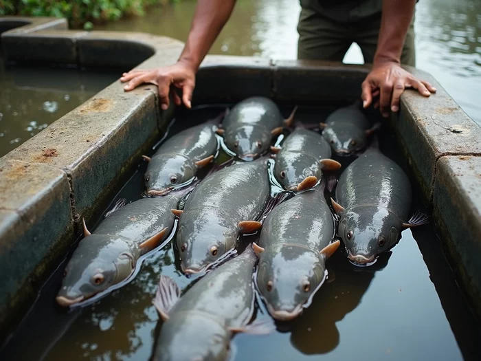 African catfish farmer carefully selecting high-quality broodstock from a tank