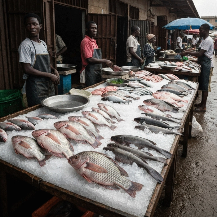 Market stall with fresh fish for sale in Africa