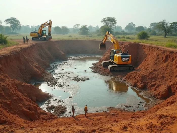 Commercial catfish pond excavation with heavy machinery and workers, showing the initial stages of creating a sloped pond floor