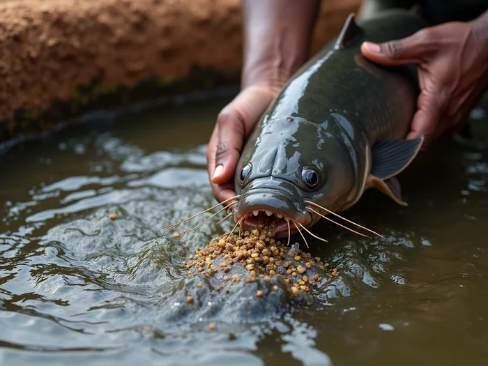 African catfish farmer feeding fish in a commercial pond