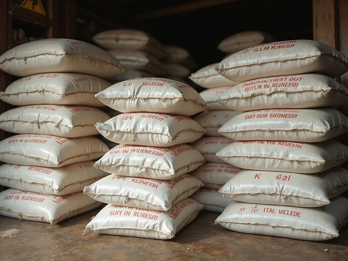 Commercial catfish feed storage organized with First-In, First-Out (FIFO) labeling