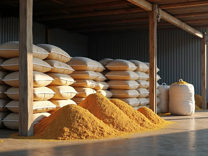 Commercial catfish feed storage facility adapted for seasonal climate changes