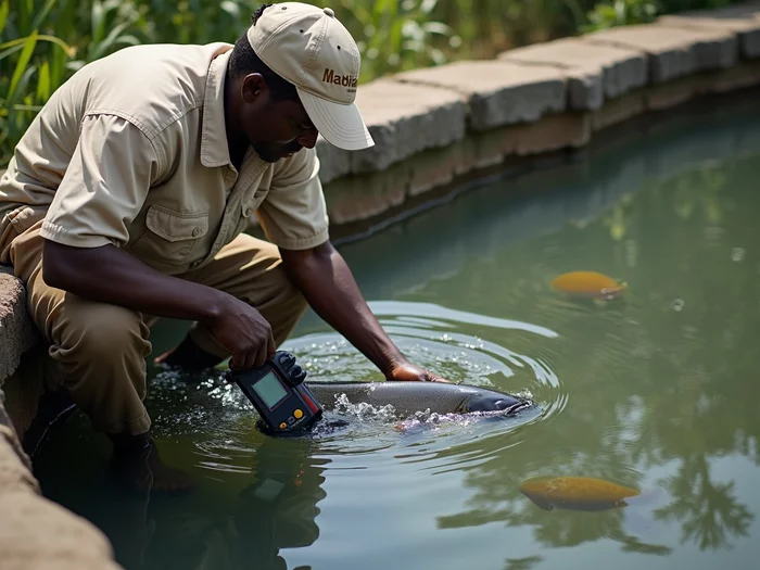 African farmer checking water quality parameters in a commercial catfish pond