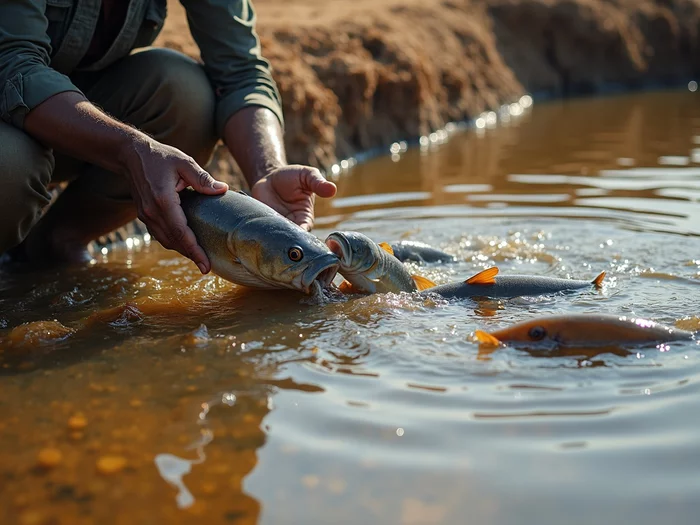 African farmer feeding catfish in commercial pond, with fish surfacing to feed