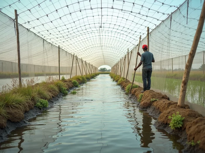 Commercial catfish pond covered with bird netting, farmer checking net