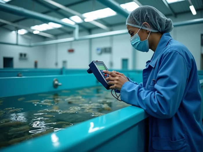 Farmer testing water quality parameters in a commercial catfish breeding tank, showing clean, managed water conditions