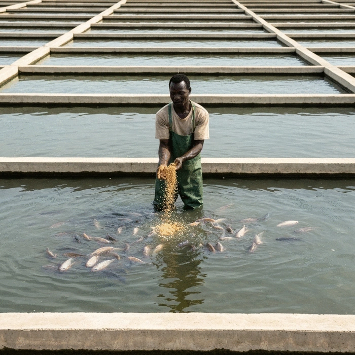 African farmer feeding tilapia in a concrete pond